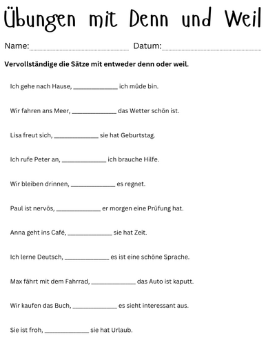 denn weil weil sentences in german exercises - weil und denn sätze übungen