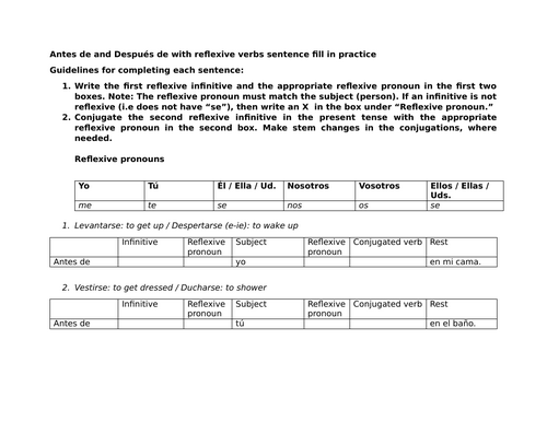 Antes de and Después de with reflexive verbs sentence fill in practice