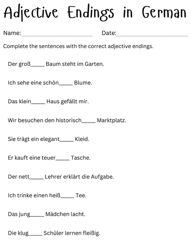 adjective endings german exercises worksheet