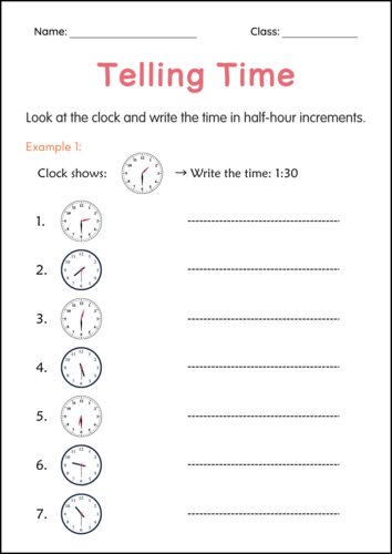 Printable Telling Time to the Hour and Half-Hour and Minute Clocks Worksheets