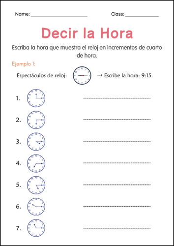 Telling Time to the Hour Worksheet in spanish - Hoja de trabajo Decir la hora a