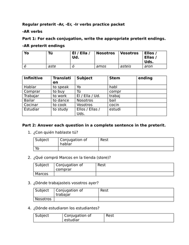 Regular preterit -Ar, -Er, -Ir verbs practice packet