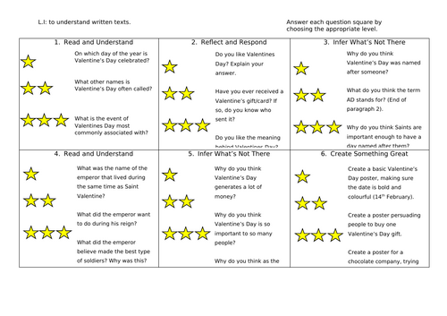 Valentines Day comprehension task