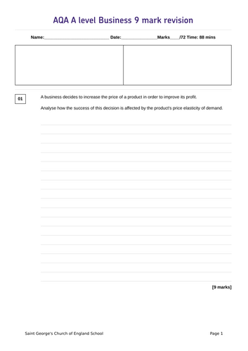 A Q A A level Business 9 mark assessment booklet