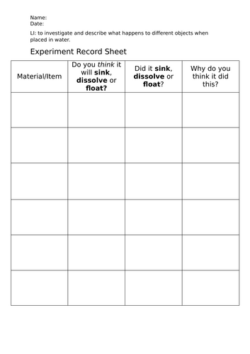 Water Experiment Template Worksheet