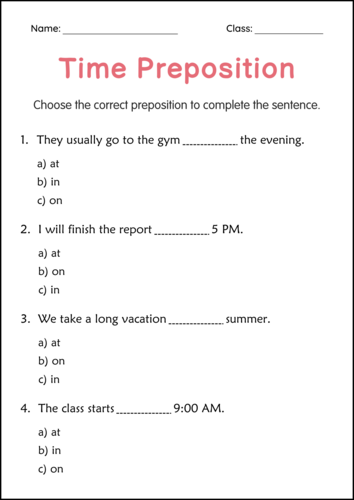 Printable Preposition of Time In On or At Worksheets for Grade 1, 2, 3