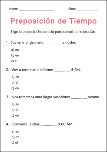 Preposition of Time Worksheet in Spanish - Preposición de tiempo para el grado 1