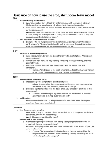 Prompts to create a drop, shift, zoom, leave narrative for Paper 1 Question 5