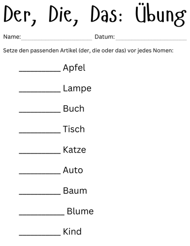 German exercises der die das worksheets - Deutsche Artikel: Praxis