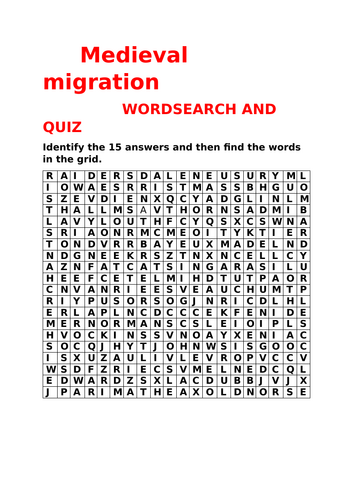 GCSE MIGRATION THROUGH TIME MEDIEVAL ERA WORDSEARCH AND QUIZ