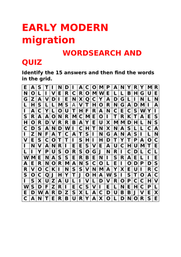 GCSE MIGRATION THROUGH TIME EARLY MODERN ERA WORDSEARCH AND QUIZ