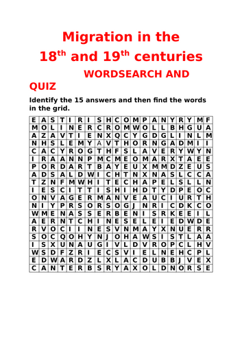 GCSE 18th AND 19th CENTURY MIGRATION THROUGH TIME WORDSEARCH AND QUIZ