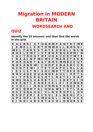 GCSE MIGRATION THROUGH TIME MODERN ERA WORDSEARCH AND QUIZ