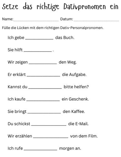 Setze das richtige Dativpronomen ein - dative personal pronouns german exercises