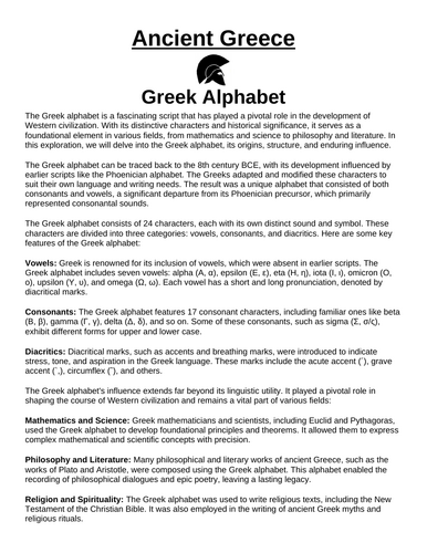 Greek Alphabet “Article & Questions” Assignment (ANCIENT GREECE)