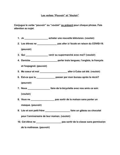 FRENCH - Les verbes pouvoir et vouloir (Worksheet verbs pouvoir and vouloir)