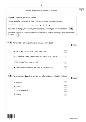 Assault Multiple Choice Questions - Law Revision Quiz