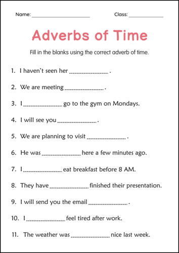 Printable Adverbs of Time Grammar Worksheets for Grade 1, 2, 3