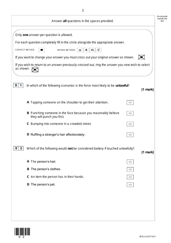 Battery Multiple Choice Questions - Law Revision Quiz