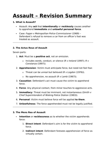 Assault Revision Summary - Criminal Law Revision