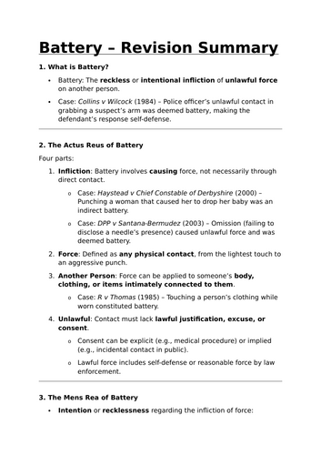 Battery Revision Summary - Criminal Law Revision