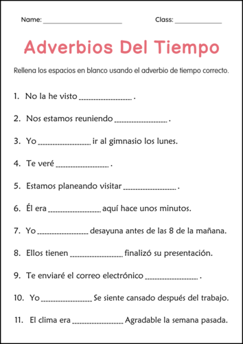 Adverbs of Time Worksheet in Spanish - Hoja de Trabajo de Adverbios de Tiempo