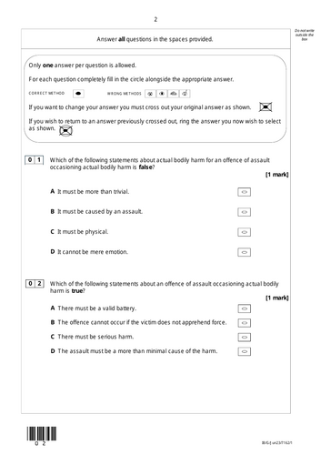 Assault Occasioning Actual Bodily Harm Multiple Choice Questions - Law Revision Quiz