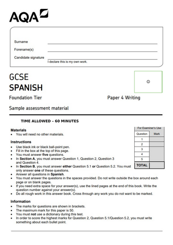 New GCSE AQA  past paper Spanish + revision