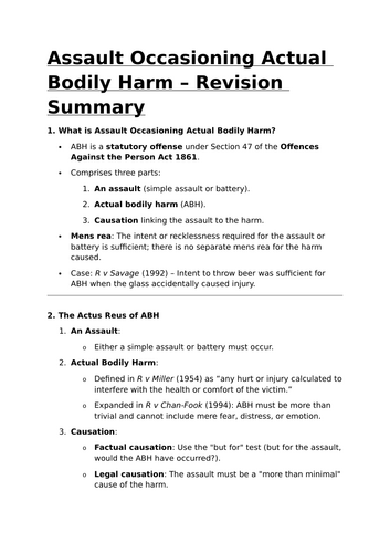 Assault Occasioning Actual Bodily Harm Revision Summary - Criminal Law Revision