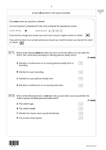 s.20 and s.18 Offences Multiple Choice Questions - Law Revision Quiz