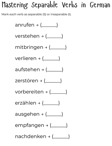 german separable and inseparable verbs exercises