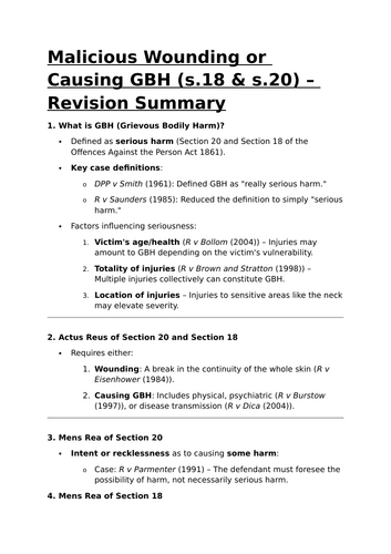 s.20 and s.18 Offences Revision Summary - Criminal Law Revision