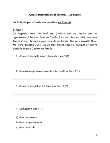 Beginner French reading comprehension quiz - La famille (The family)