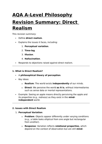 Direct Realism Revision Summary - AQA A-Level Philosophy Revision