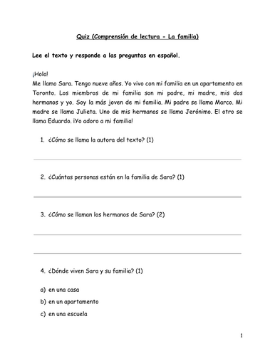 Spanish reading comprehension quiz - La familia (The family)