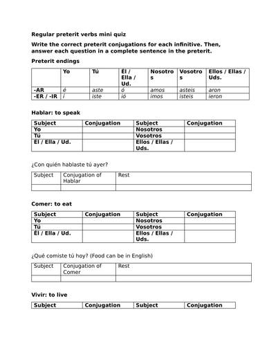 Regular preterit verbs mini quiz