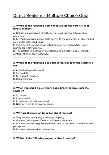 Direct Realism Multiple Choice Quiz - A-Level Philosophy Revision
