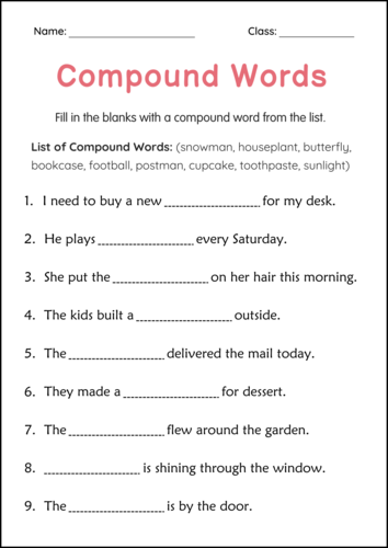 Printable Compound Words Grammar Worksheets and Activities for Grade 1, 2, 3