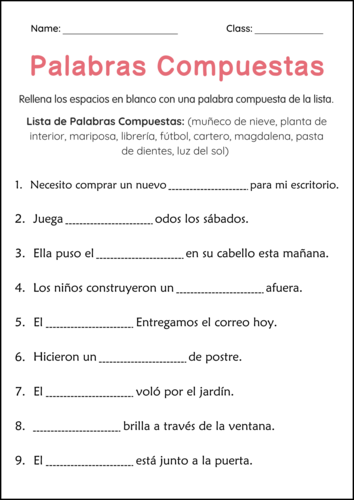 Compound Words Worksheets in Spanish - Hojas de Trabajo de Palabras Compuestas