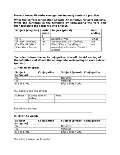 Present tense AR verbs conjugation and easy sentence practice