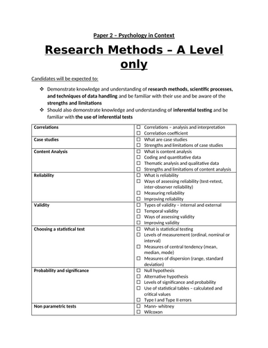 Research Methods - A Level only student checklist