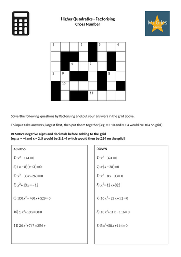 Higher Quadratics - Factorising Cross Number