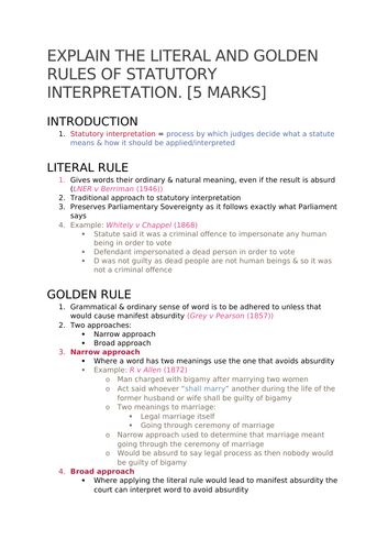 A-Level Law: Statutory Interpretation 5 Marker + Model + Plan - Eduqas English Legal Systems