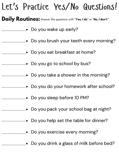 yes no questions worksheet for kids