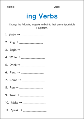 Printable Adding ing to Verbs Grammar Worksheet and Activity for Grade 1, 2, 3