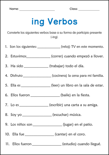 Adding ing to Verbs Grammar Worksheet in Spanish - Hoja de Trabajo de Verbos