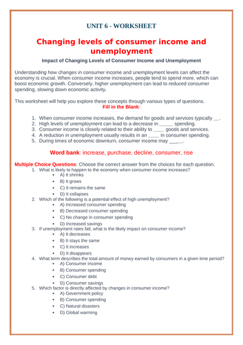 UNIT 6 - WORKSHEET Changing levels of consumer income and unemployment