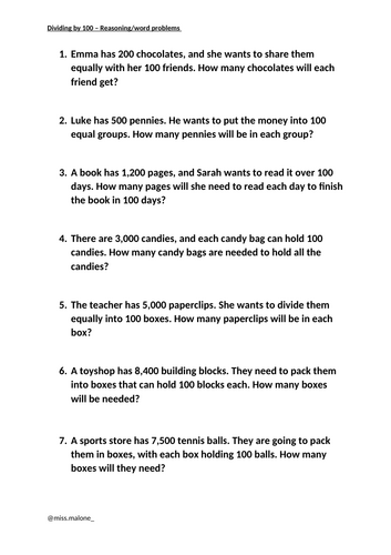 Dividing by 100 - Reasoning/Word problems