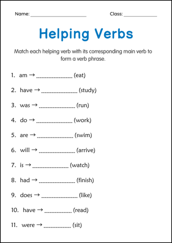 Helping Verbs Grammar Practice Activity Worksheet for Grade 1 – Auxiliary Verbs