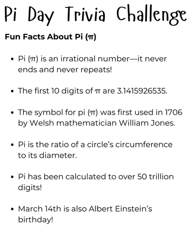 printable pi day trivia worksheet - Pi Day Trivia Questions